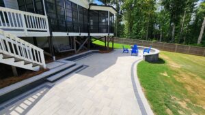 stone patio with seat wall