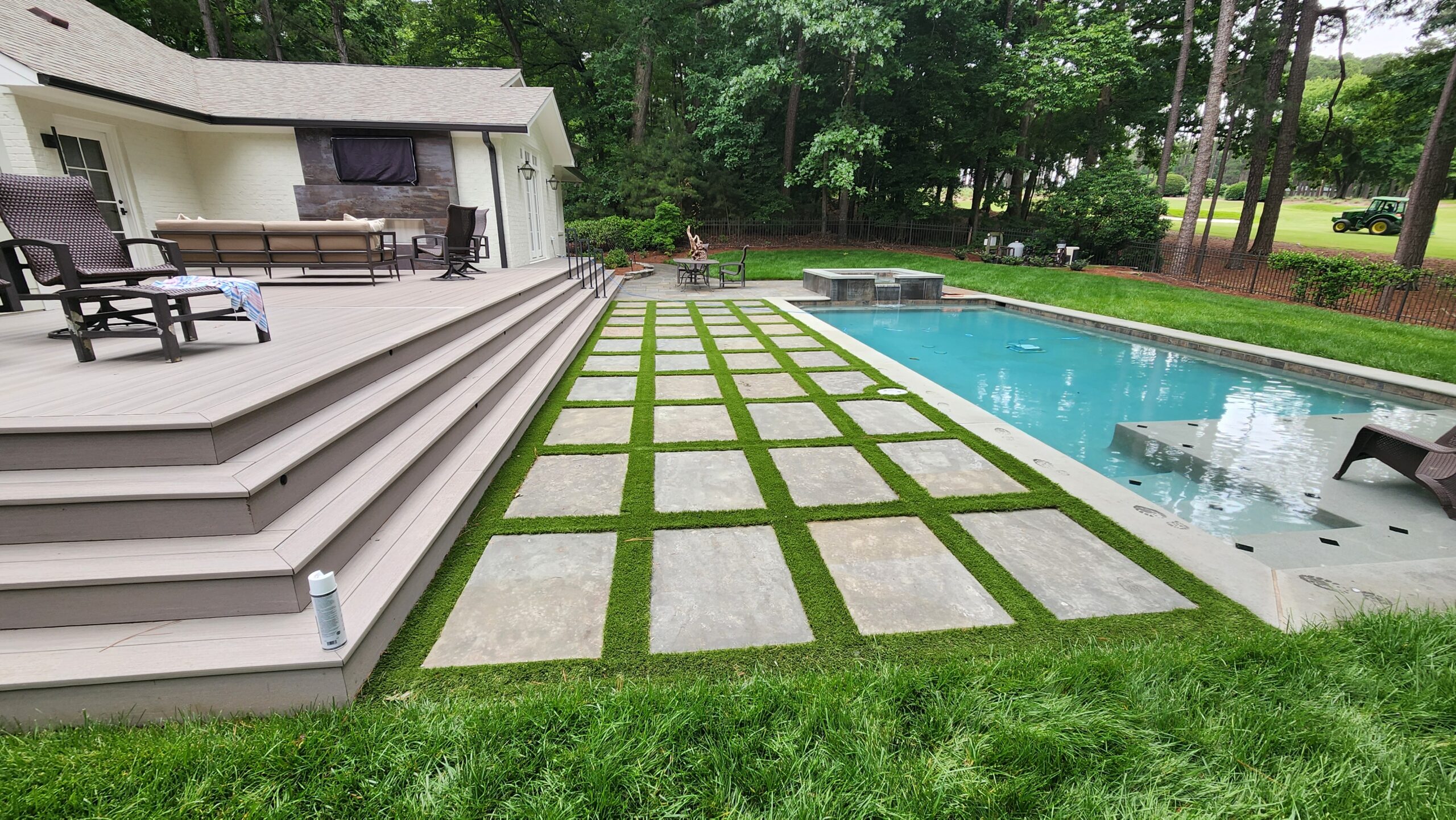 Trex Deck, large paver patio pool deck with artificial turf