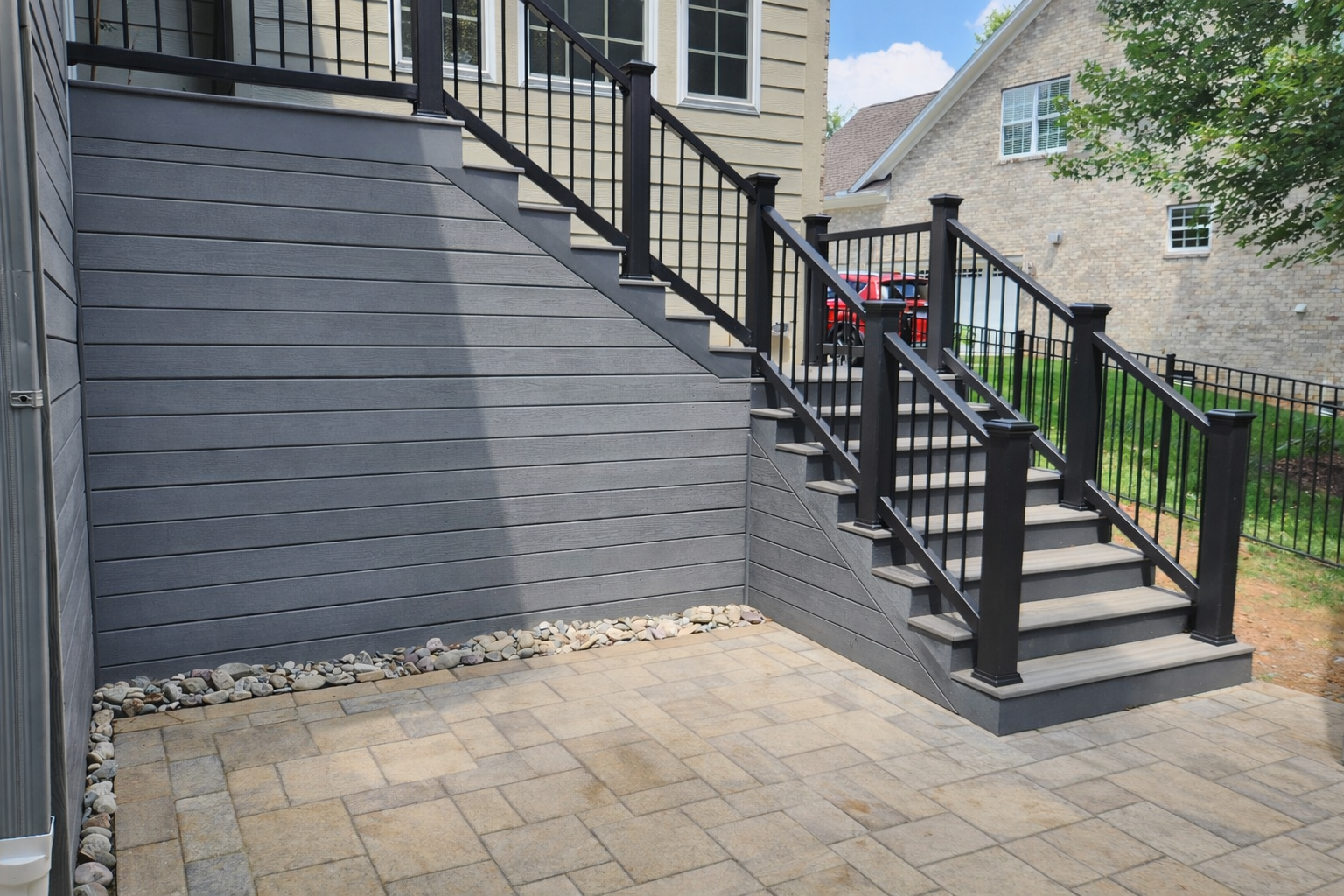 deck stairs and stone patio